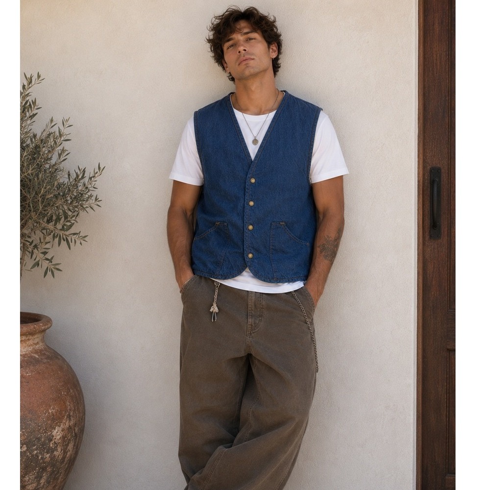 Vtg Key Imperial XL Denim Vest Sherpa Lined Workwear Brass Button Blue Rugged